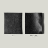 Two stages of black leather wear on a light gray background.