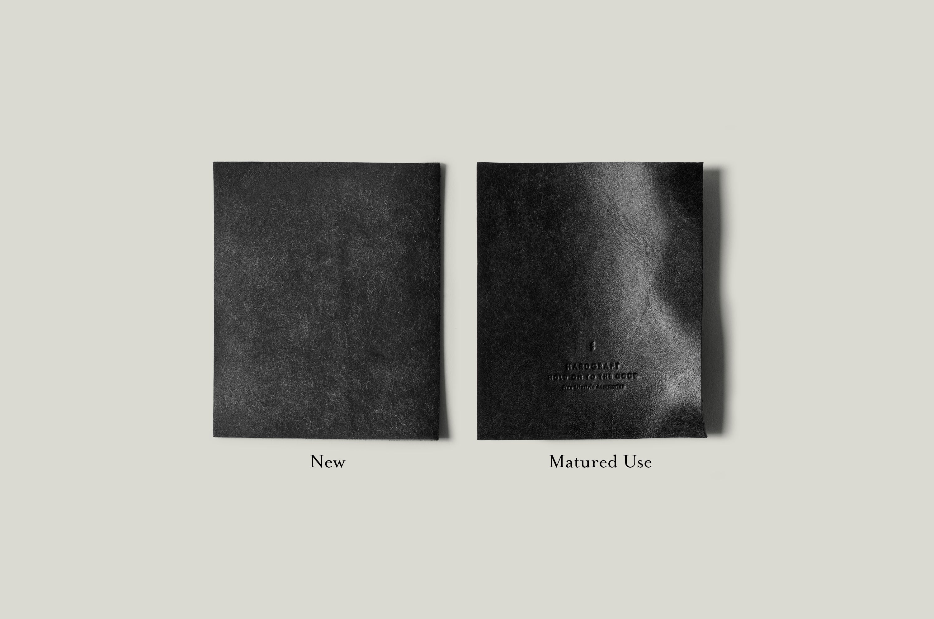 Two stages of black leather wear on a light gray background.