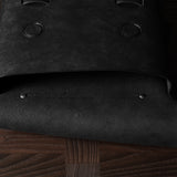 Open flap of black bag on a wooden surface