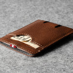 Brown leather wallet on a gray textured background