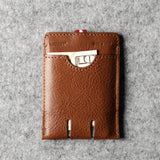 Brown leather cardholder on a gray textured background