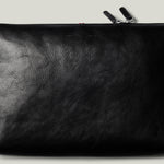 Black leather pouch with a zipper on a light gray background