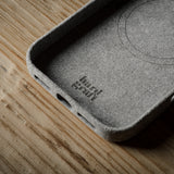 iPhone case on a wooden surface with branding.