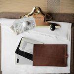 A brown leather wallet or card holder pouch lies on a white sheet of paper atop a clipboard, alongside cash, a credit card, and a gold-toned binder clip on a wood surface.