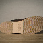 Close-up of a shoe sole with tread pattern on a wooden floor.